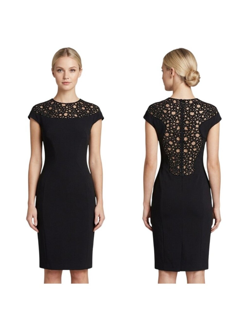 Lela Rose LBD Black Embroidered Crystal Cocktail Sheath Dress 2 Formal Black Tie